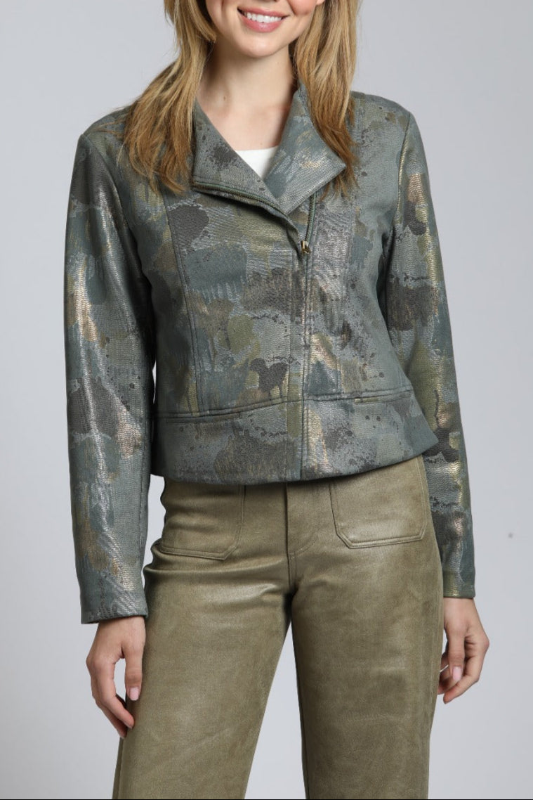 Abstract Collarless Vegan Suede Moto Jacket | front side