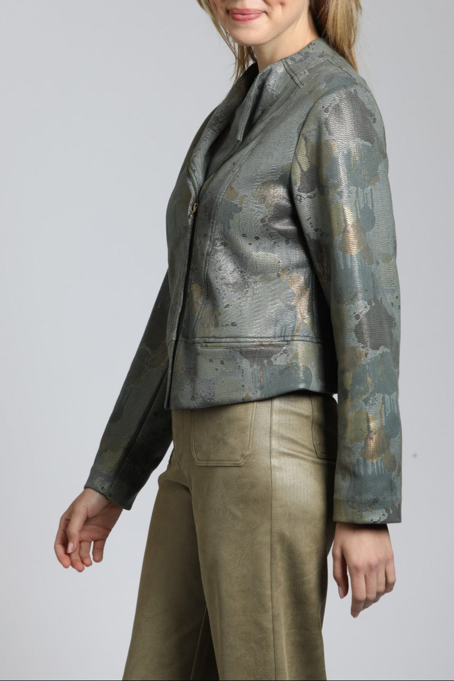 Abstract Collarless Vegan Suede Moto Jacket | left side