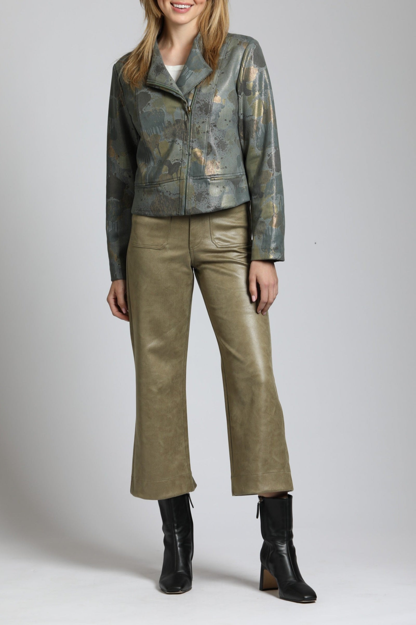 Abstract Collarless Vegan Suede Moto Jacket
