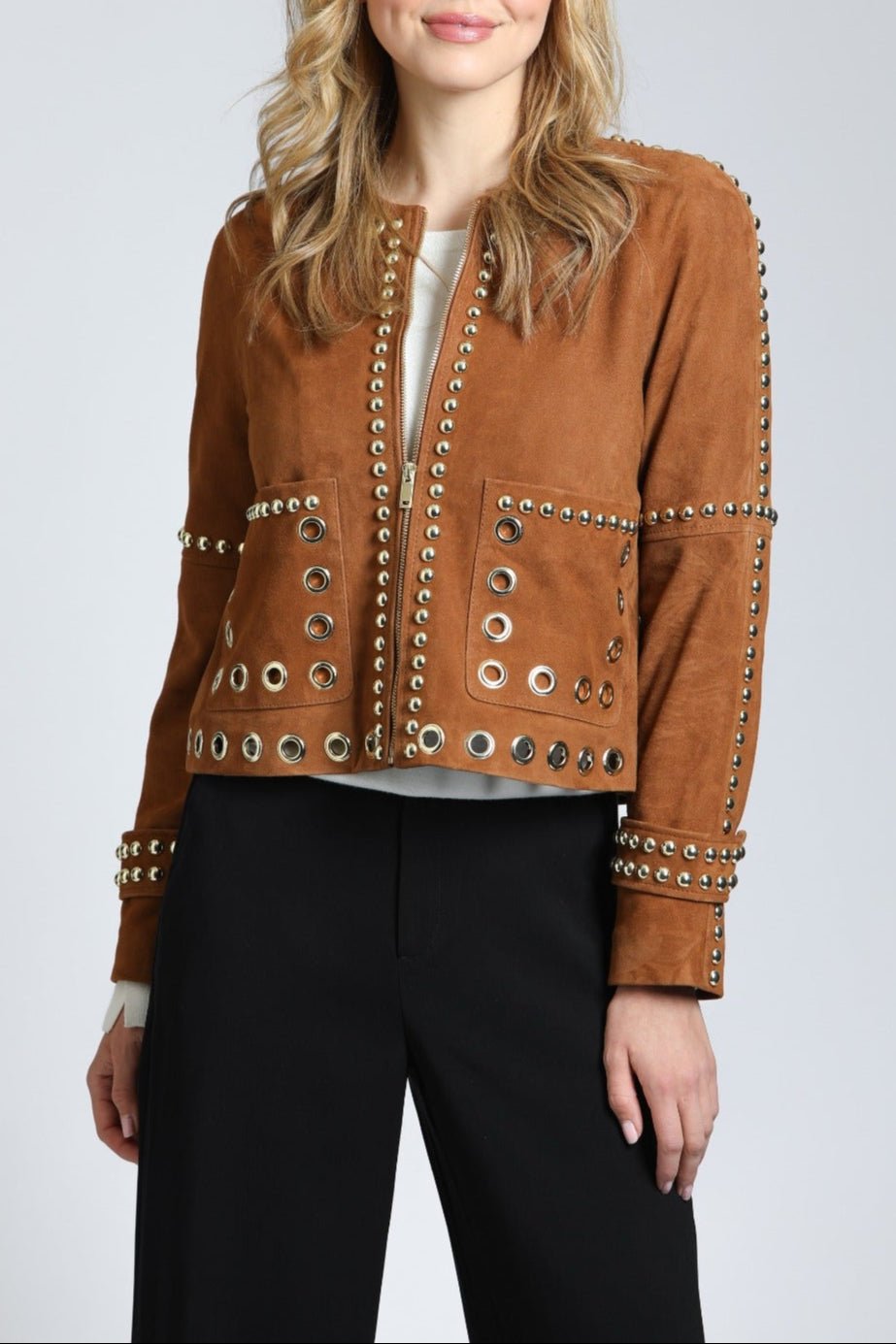 Goat Suede Jacket With Gold Grommet & Stud Detail – APNY