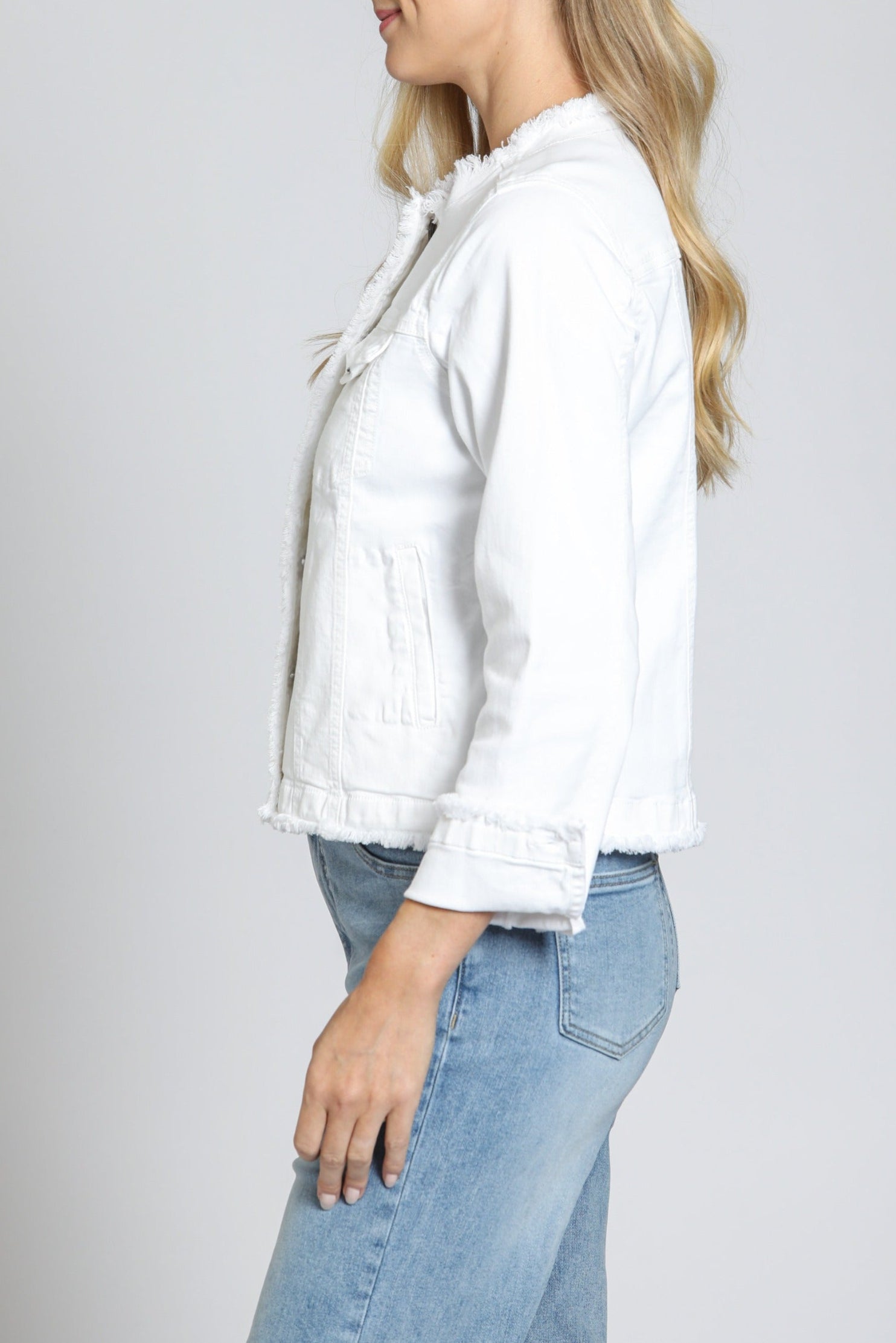  White Collarless Jean Jacket | left side