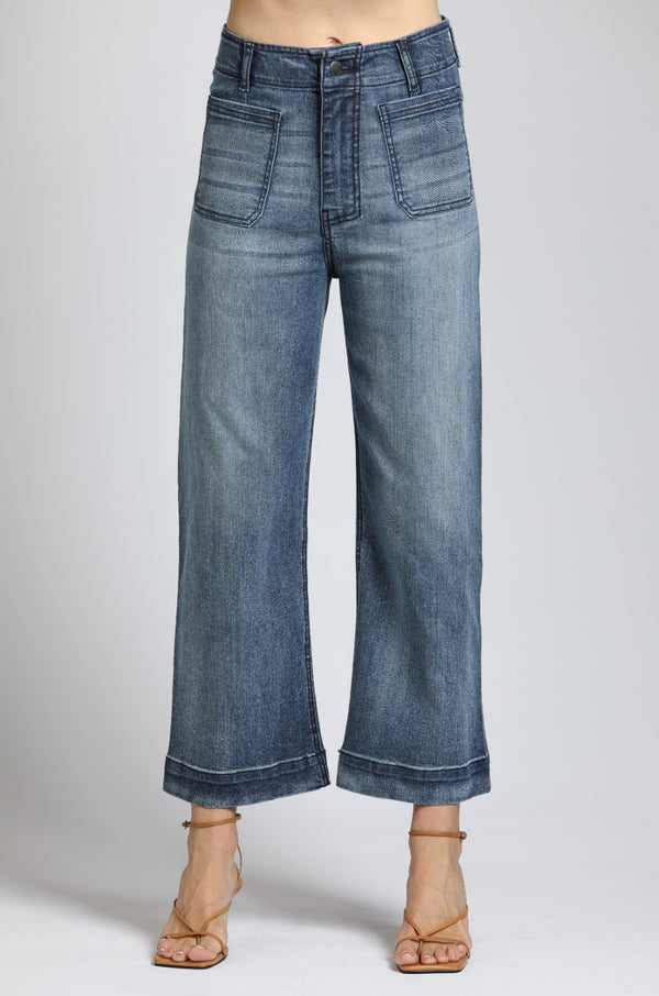 Cropped Wide Leg Pant With Patch Pockets - INDIGO |front side