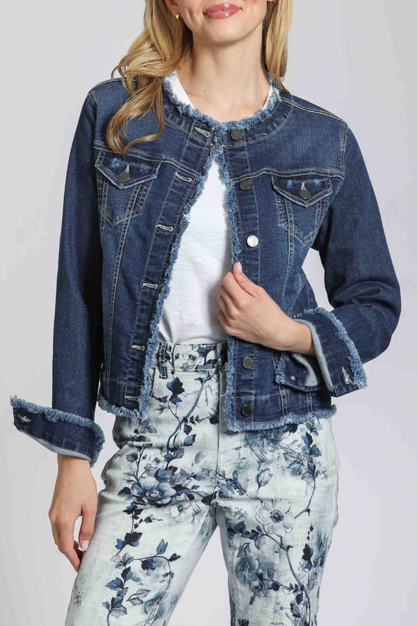 Collarless Jean Jacket With Frayed Detail