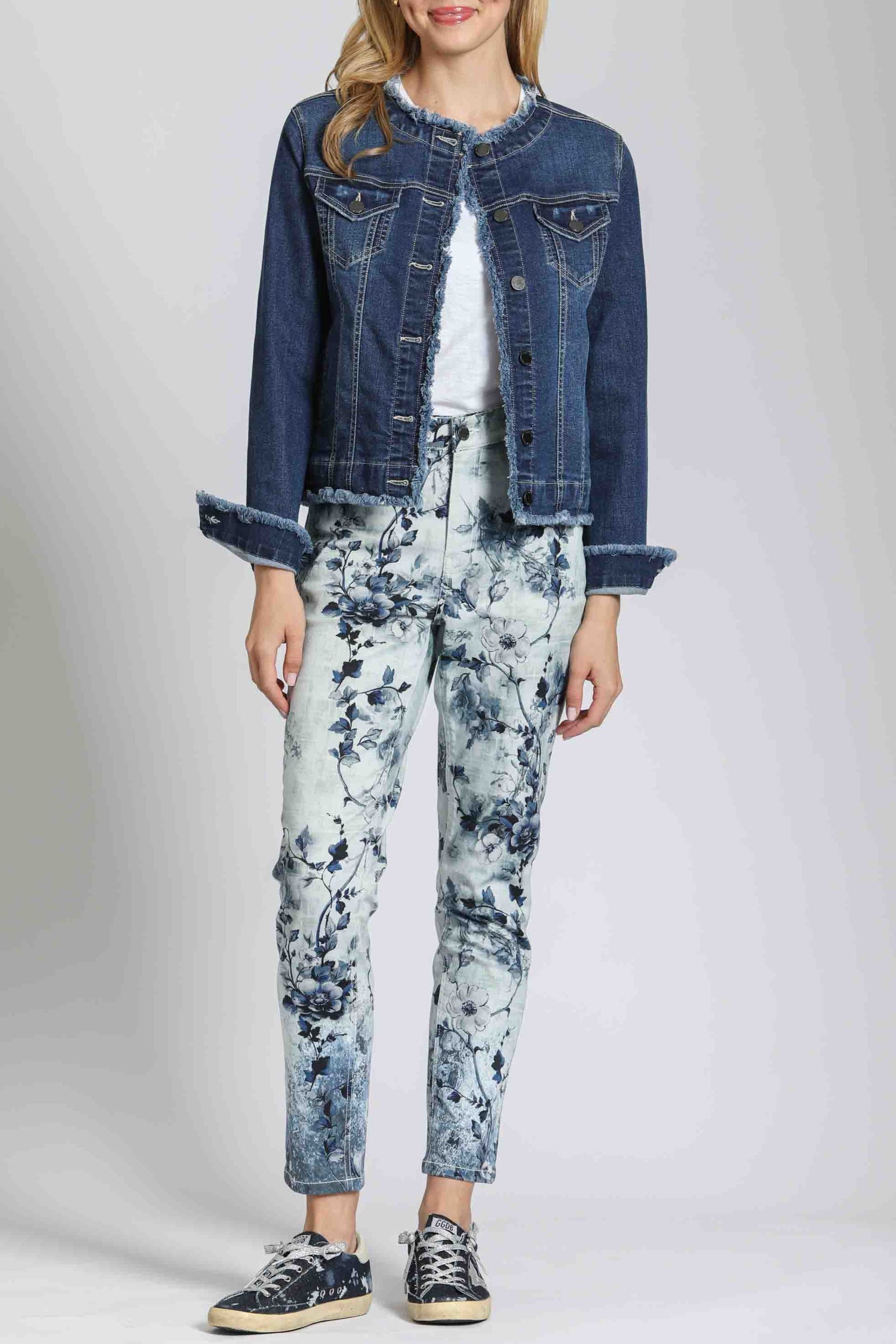Collarless Jean Jacket with Frayed Detail | APNY
