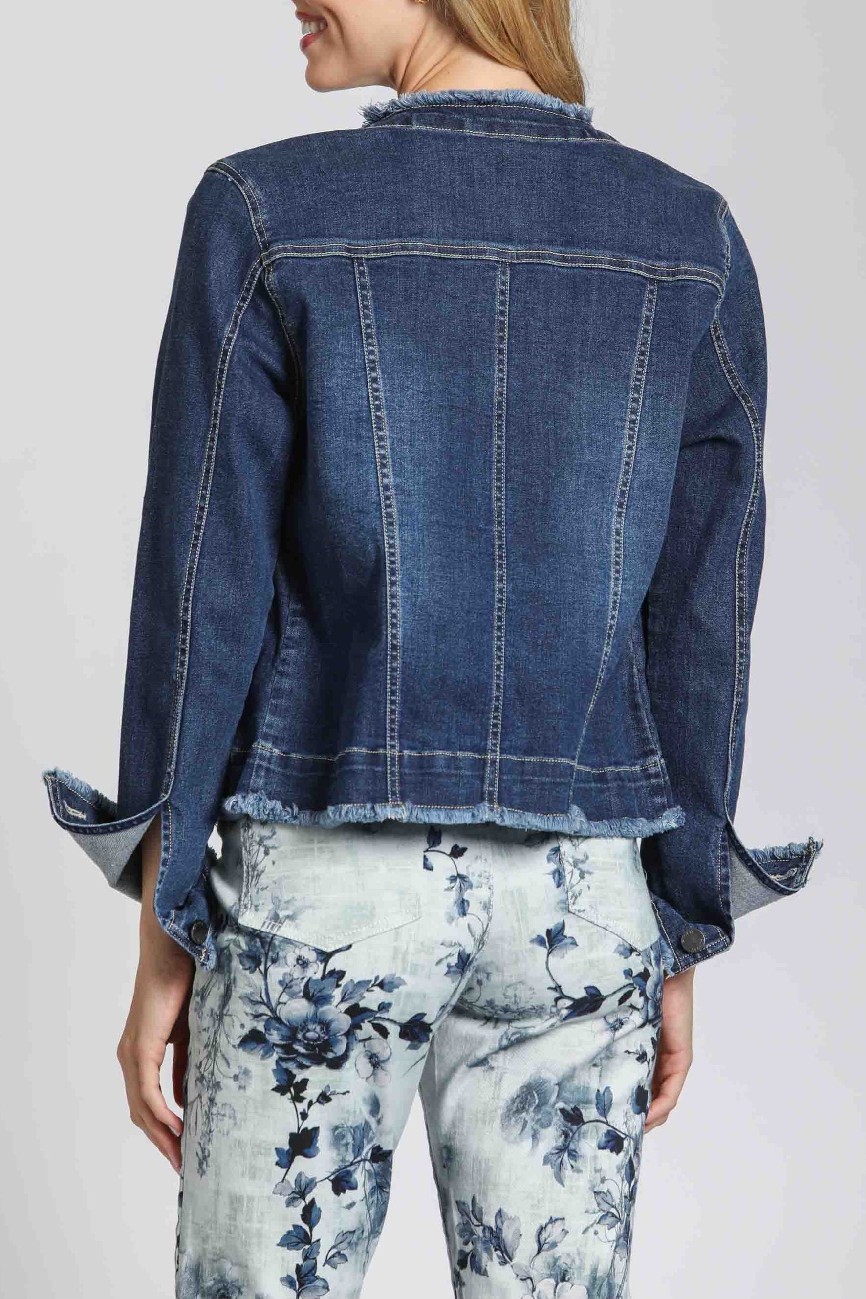 Collarless Jean Jacket with Frayed Detail | APNY