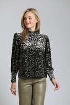Velvet Leopard Puff Sleeve Tee With Ruched Collar & Cuffs