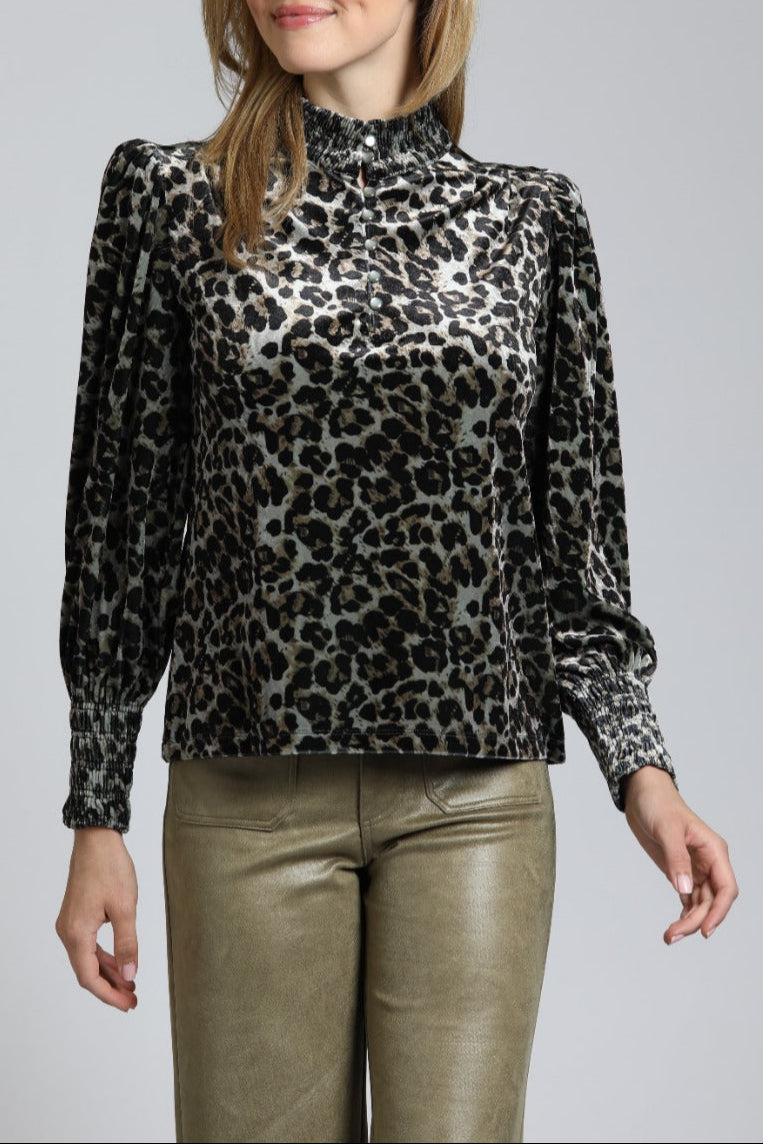 Velvet Leopard Puff Sleeve Tee With Ruched Collar & Cuffs