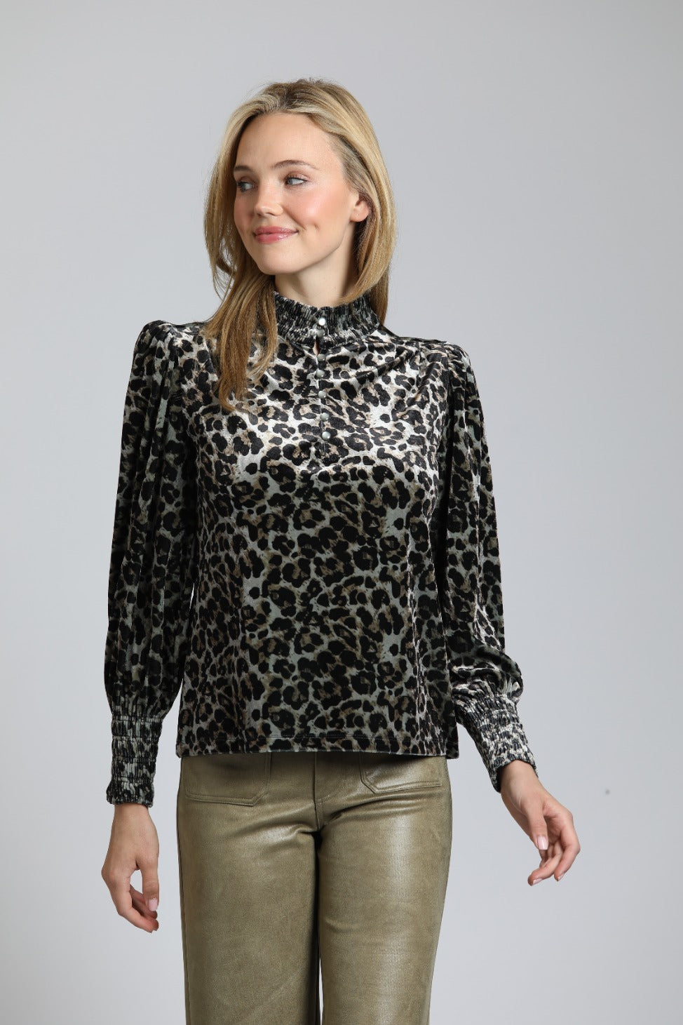 Velvet Leopard Puff Sleeve Tee With Ruched Collar & Cuffs