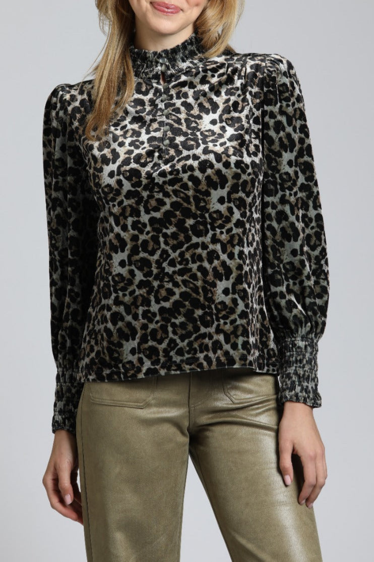Velvet Leopard Puff Sleeve Tee With Ruched Collar & Cuffs