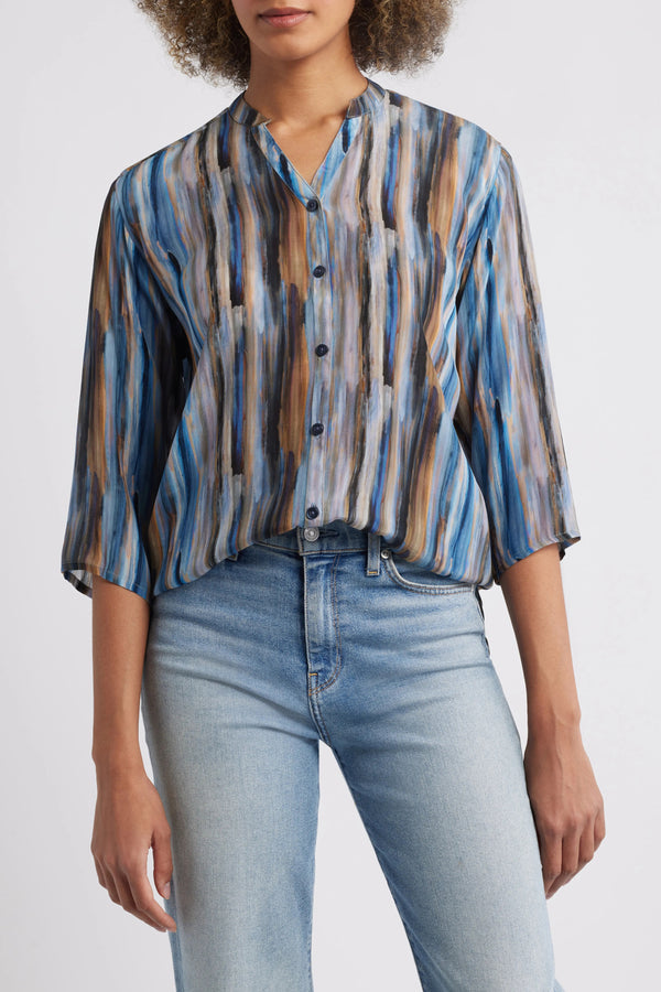 3/4 Sleeve Mandarin Collar Button-up Shirt