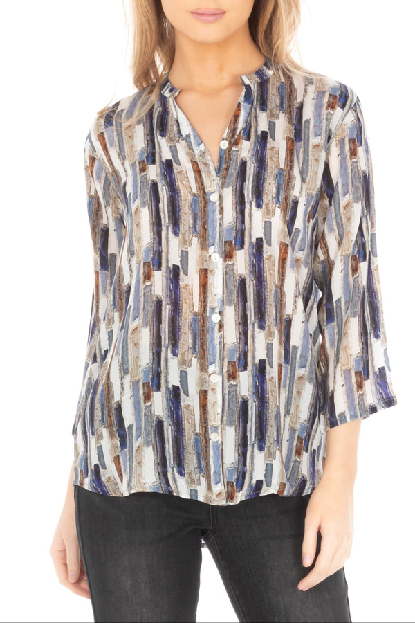 3/4 Sleeve Mandarin Collar Button-up Shirt