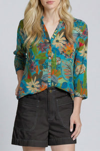 3/4 Sleeve Mandarin Collar Button-up Shirt