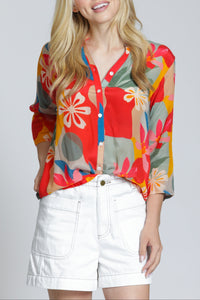 3/4 Sleeve Mandarin Collar Button-up Shirt