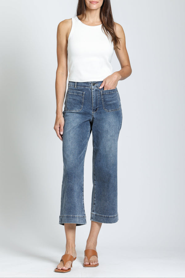 Cropped Wide Leg Pant With Patch Pockets- Indigo