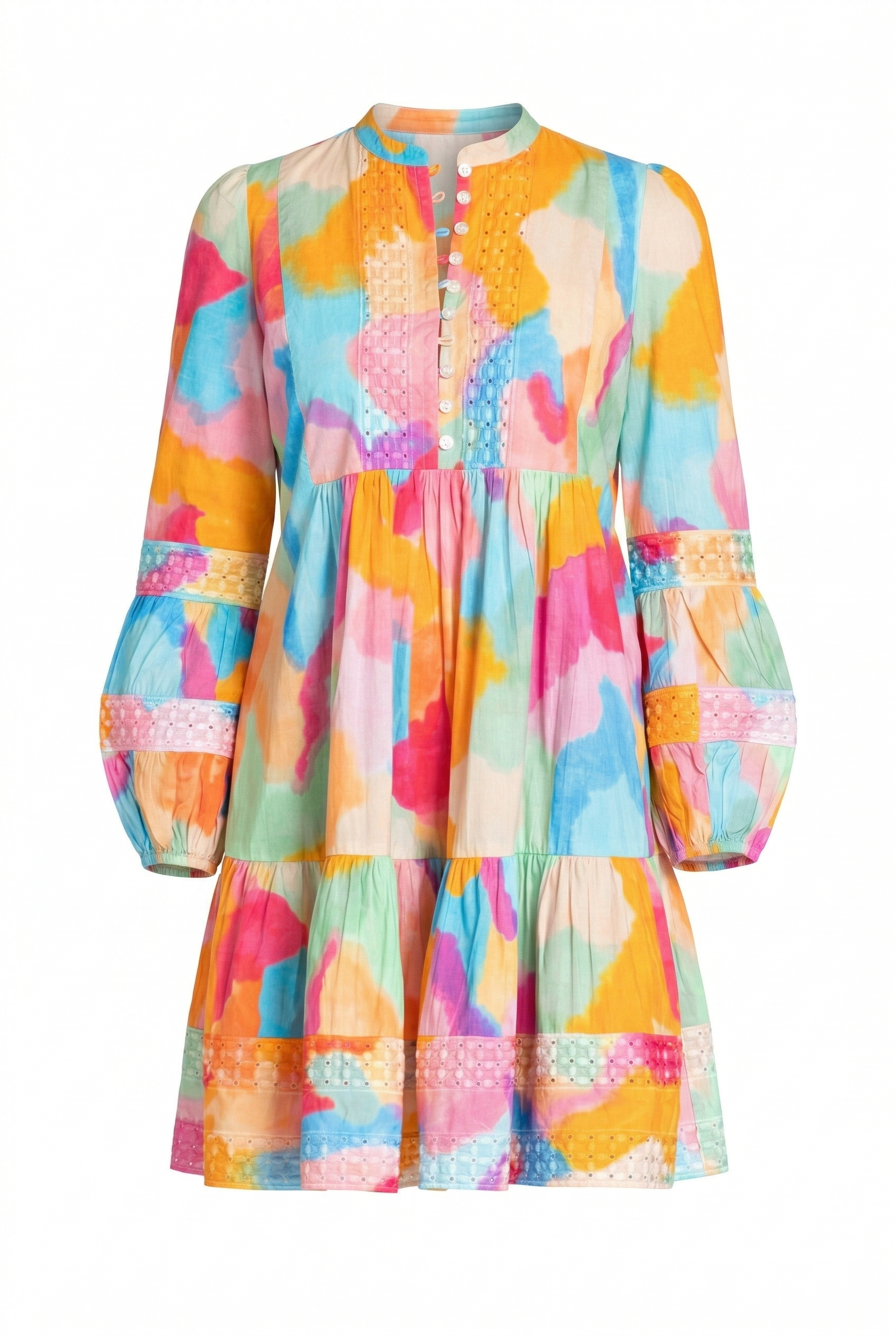 Colorful patterned dress with long sleeves on a white background
