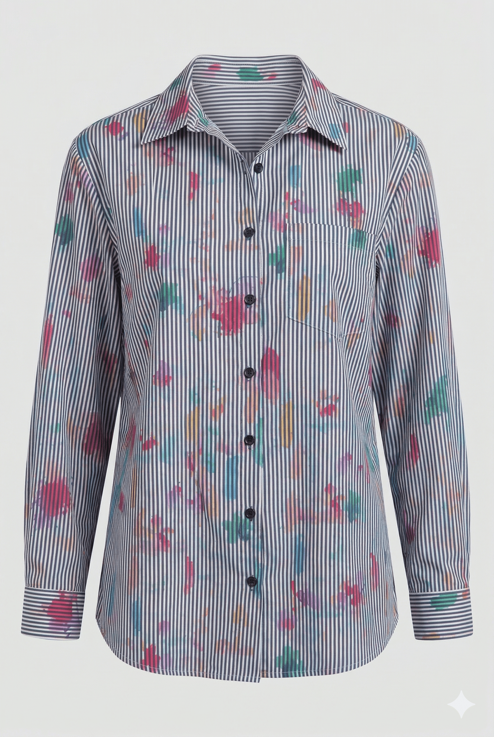 Striped shirt with colorful abstract patterns on a white background