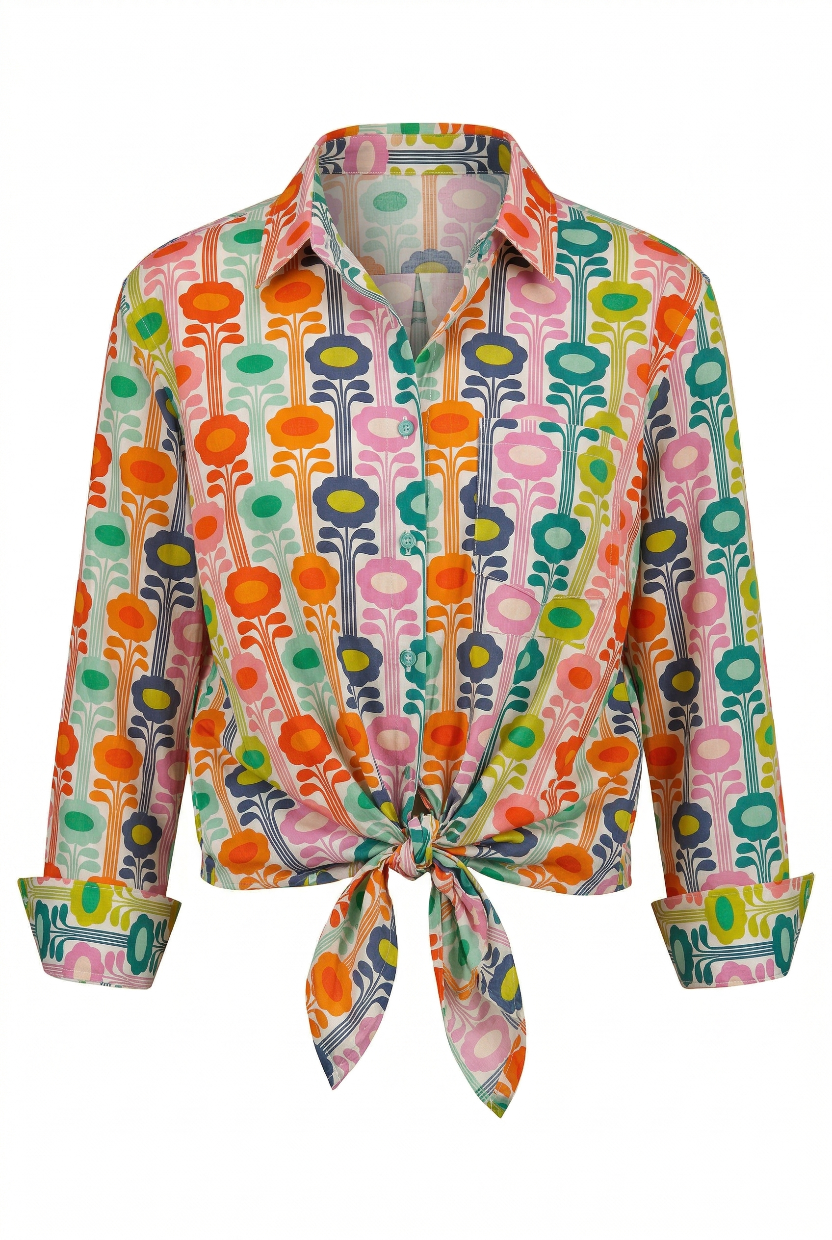 Colorful floral patterned blouse with a tie front on a white background