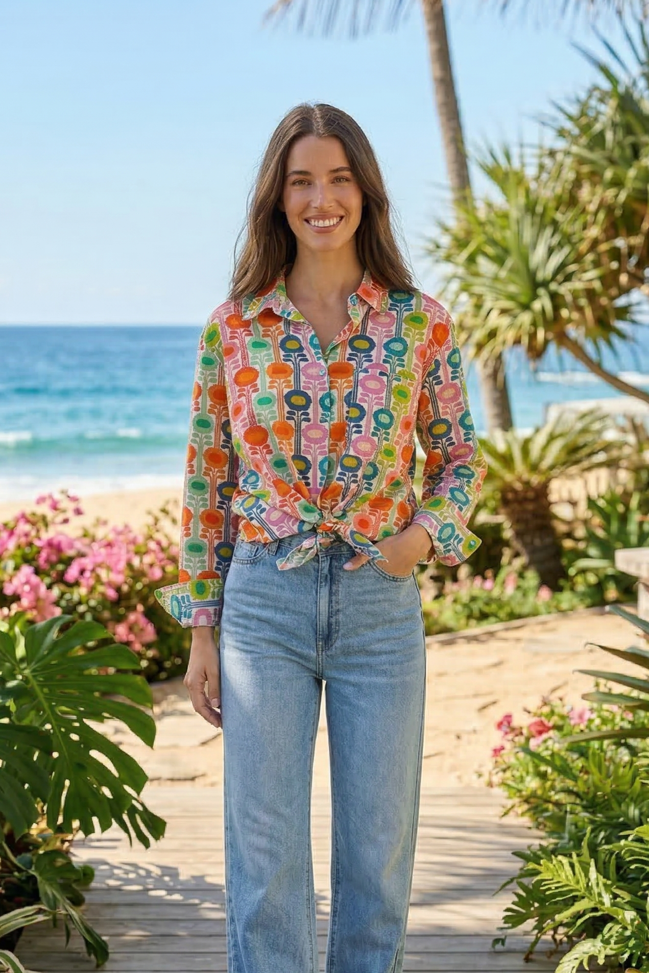 Woman in a colorful floral shirt and jeans standing on a wooden path with ocean and plants in the background