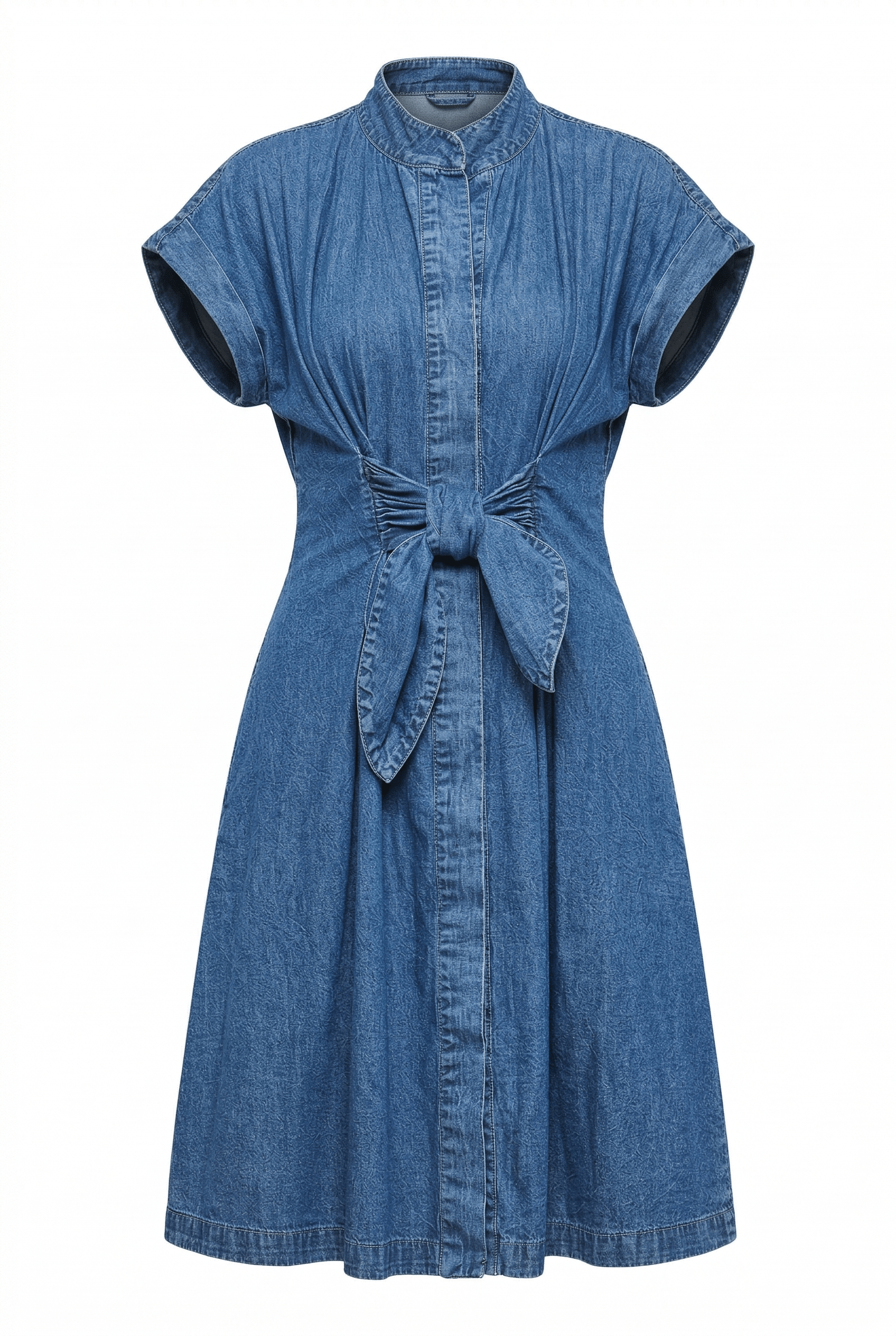Blue denim dress with a tie waist on a white background