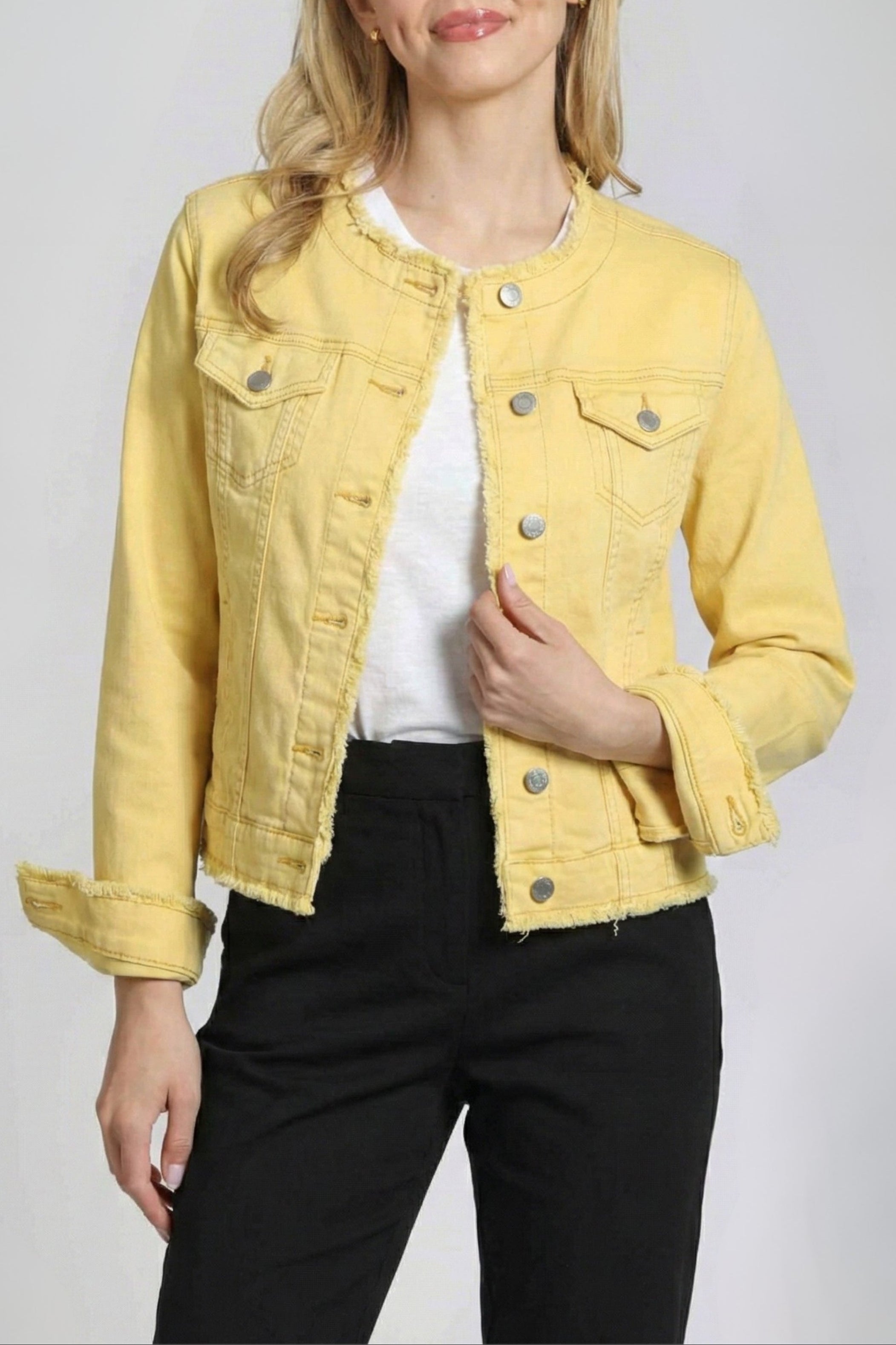 Collarless Jean Jacket with Frayed Detail | APNY