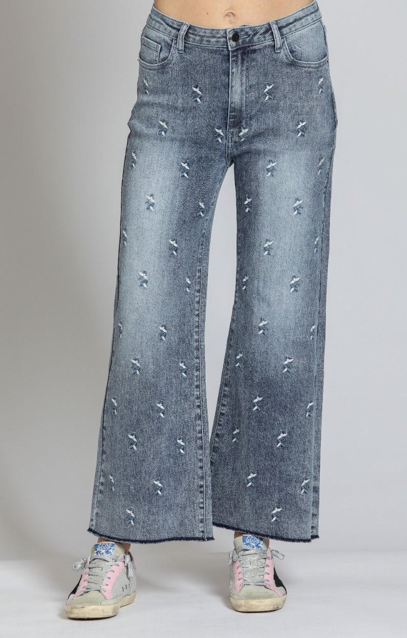 Silver Chevron Printed Wide Leg Crop Jean