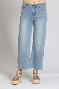 Wide Leg Crop Raw Edge Hem - Light Indigo