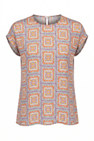Short-sleeve blouse with a geometric pattern on a white background