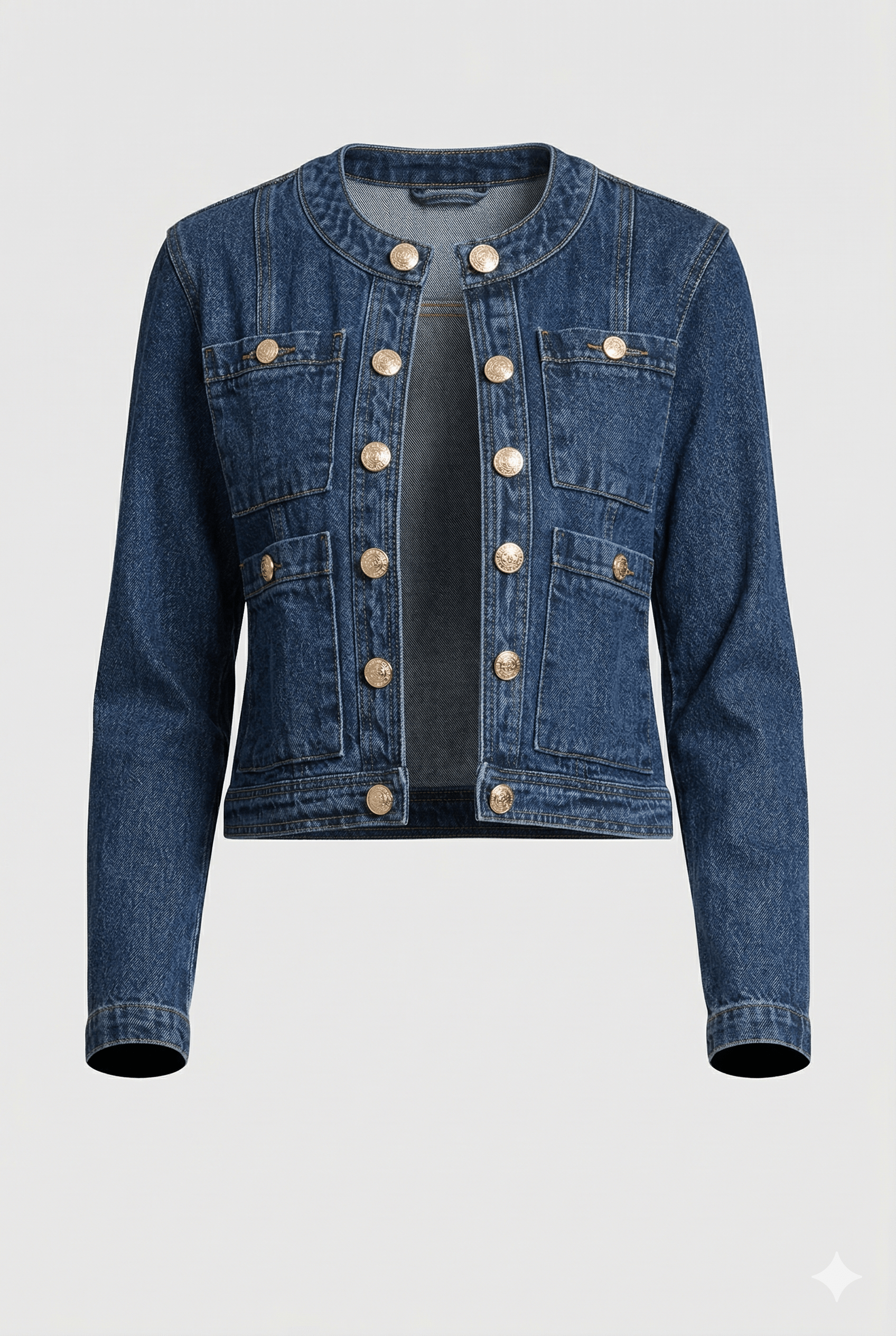 Blue denim jacket with gold buttons on a white background