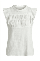 White sleeveless top with ruffled shoulders on a white background