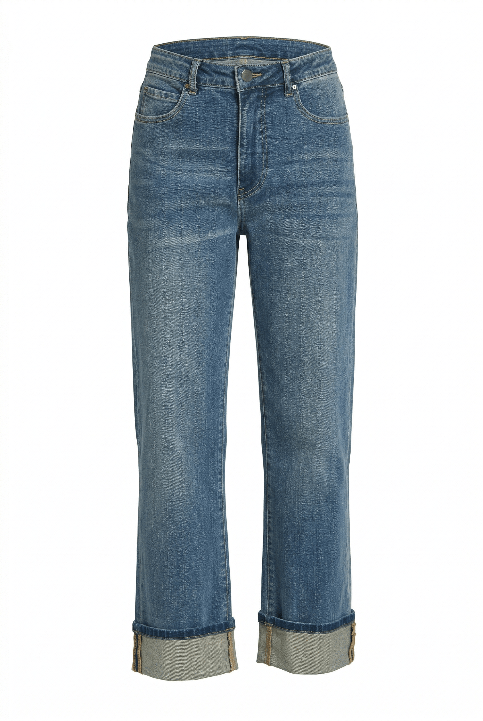 Indigo jeans with rolled-up cuffs on a white background