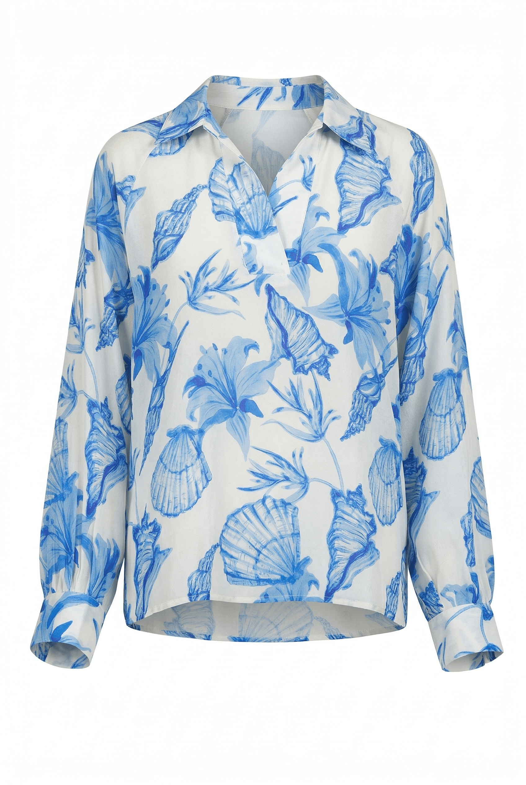 Blue shell patterned shirt on a white background