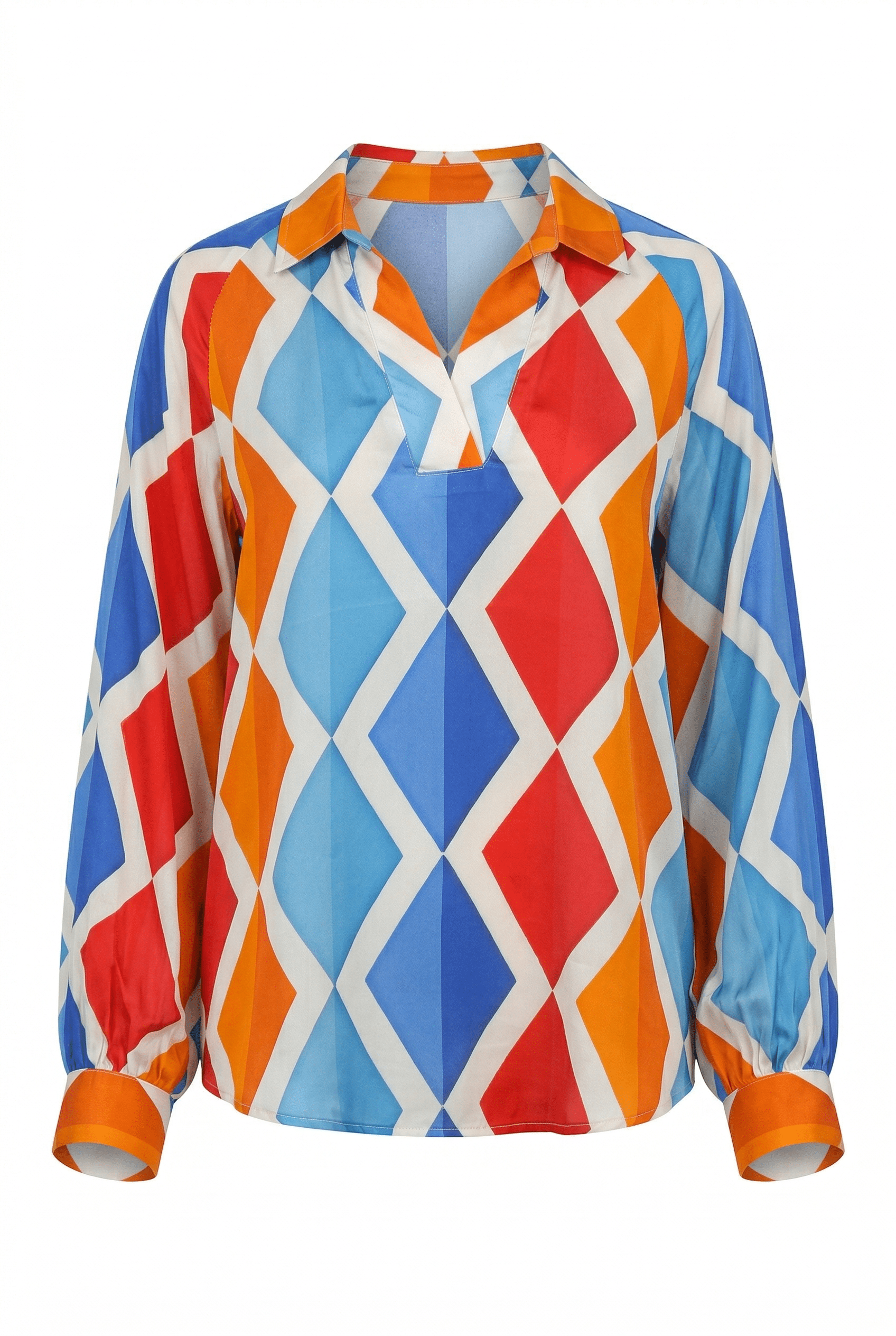 Colorful geometric patterned shirt on a white background