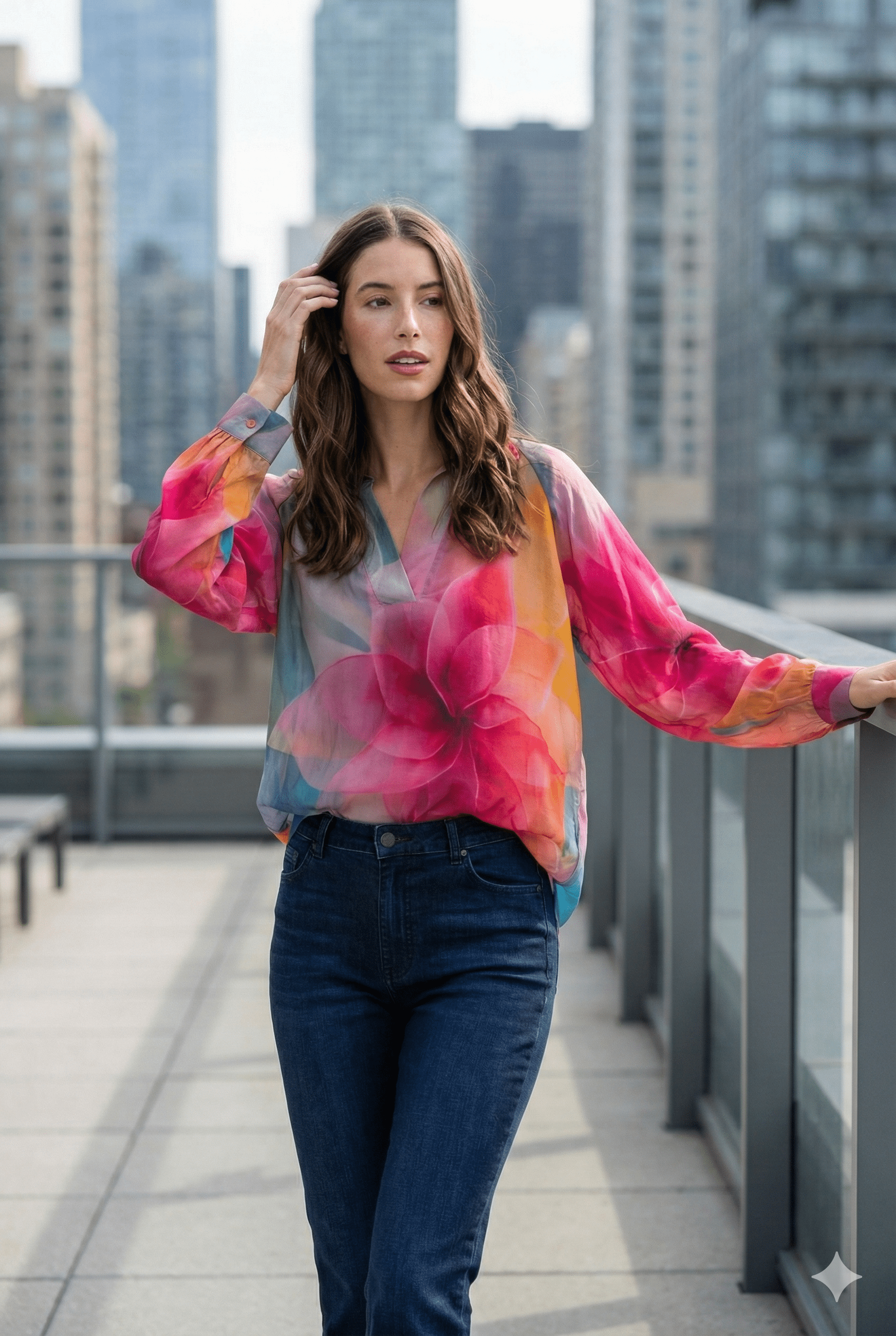 Woman wearing a colorful blouse and blue jeans on a city rooftop.