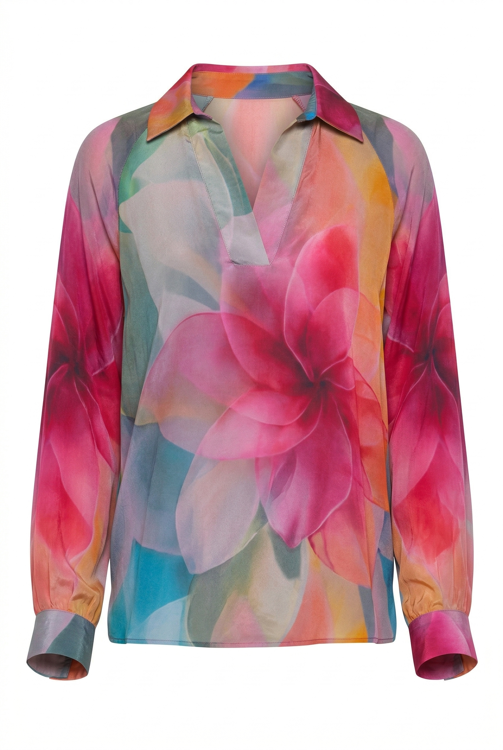 Colorful floral patterned shirt on a white background