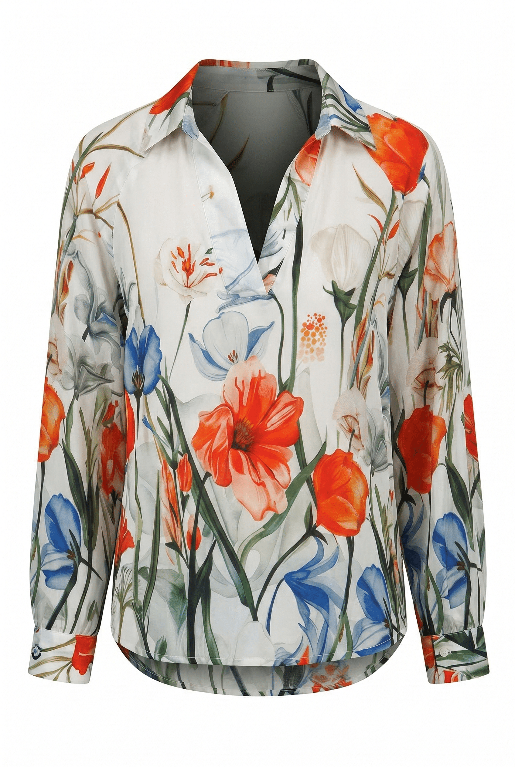 Floral patterned shirt with colorful flowers on a white background