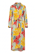 Colorful floral-patterned dress with a belt on a white background
