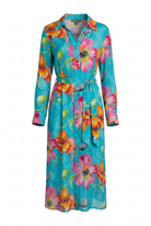 Colorful floral dress with a belt on a white background
