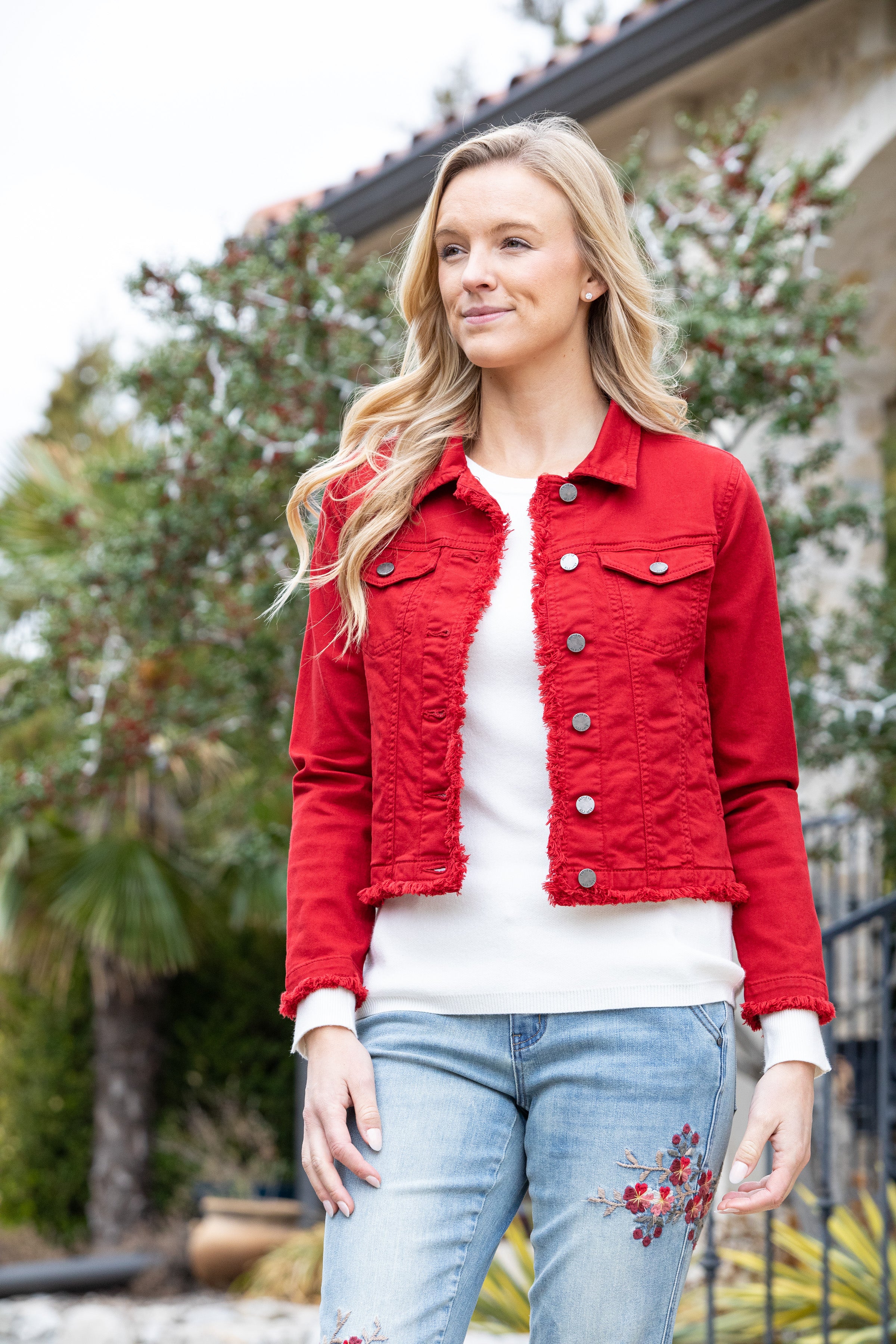 Jean Jacket With Frayed Detail RED Front APNY