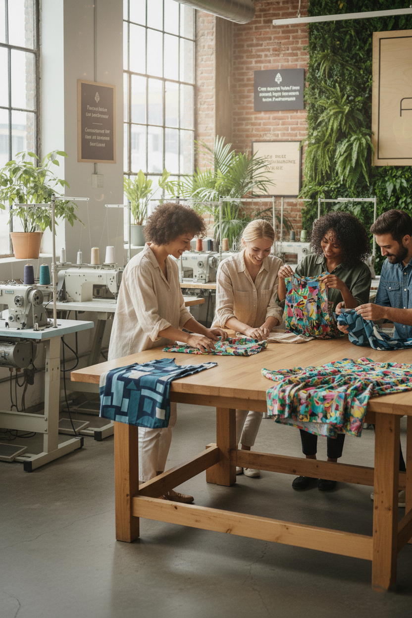 Group of people working together at a wooden table in a bright, modern workspace.