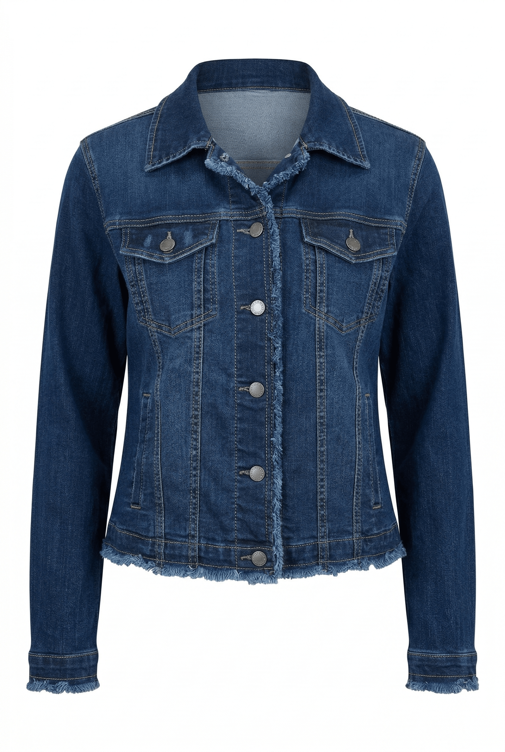 Indigo denim jacket on a white background