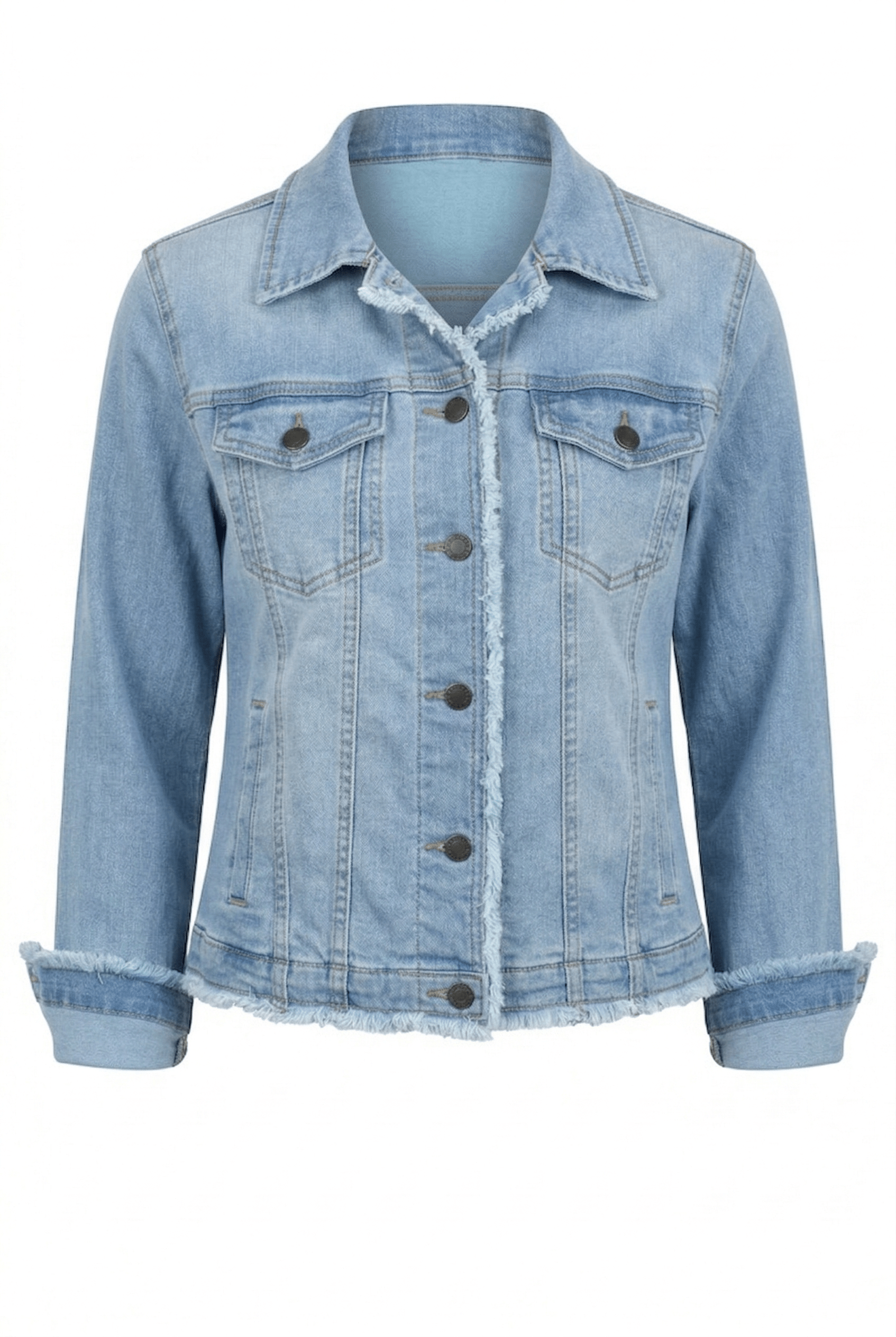 Light indigo denim jacket on a white background