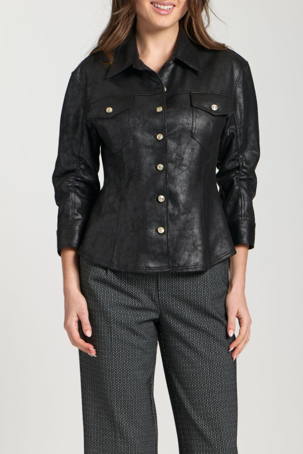 Vegan Leather Shirt Jacket With Crest Buttons – APNY