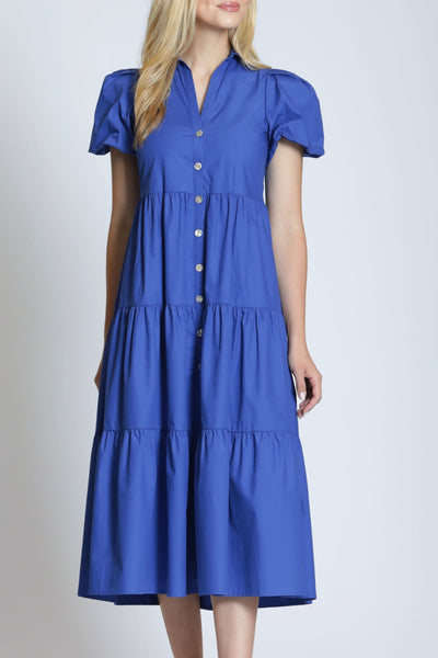 Long Tiered Dress With Puff Sleeve Dazzling Blue / L - APNY