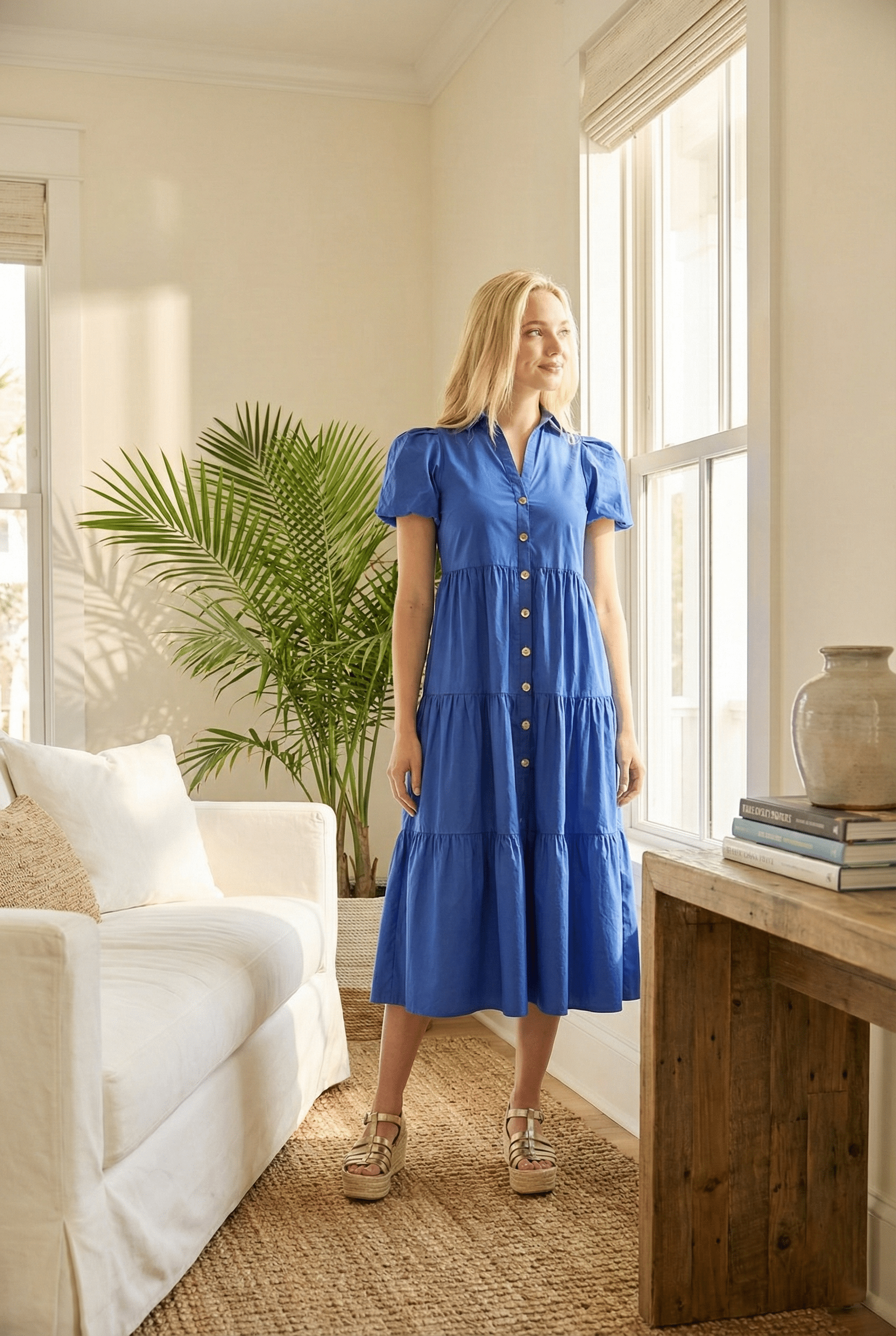 blue tiered dress with sleeves Cabana Life - Seaside Embroidered Short Sleeve Tiered Dress - Blue