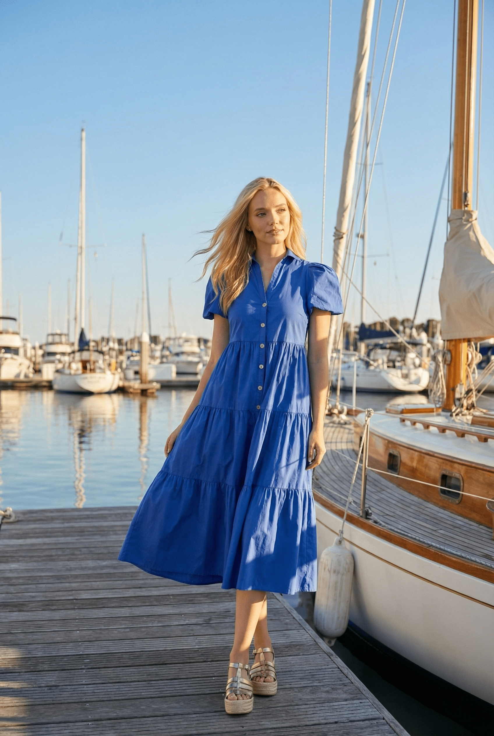 Long Tiered Dress With Puff Sleeve Dazzling Blue / L - APNY Long Tiered Dress With Puff Sleeve Dazzling Blue / L - APNY