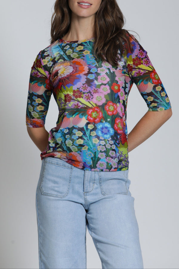 Printed Mesh Top With Elbow Sleeves