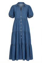 Blue denim dress with short sleeves on a white background