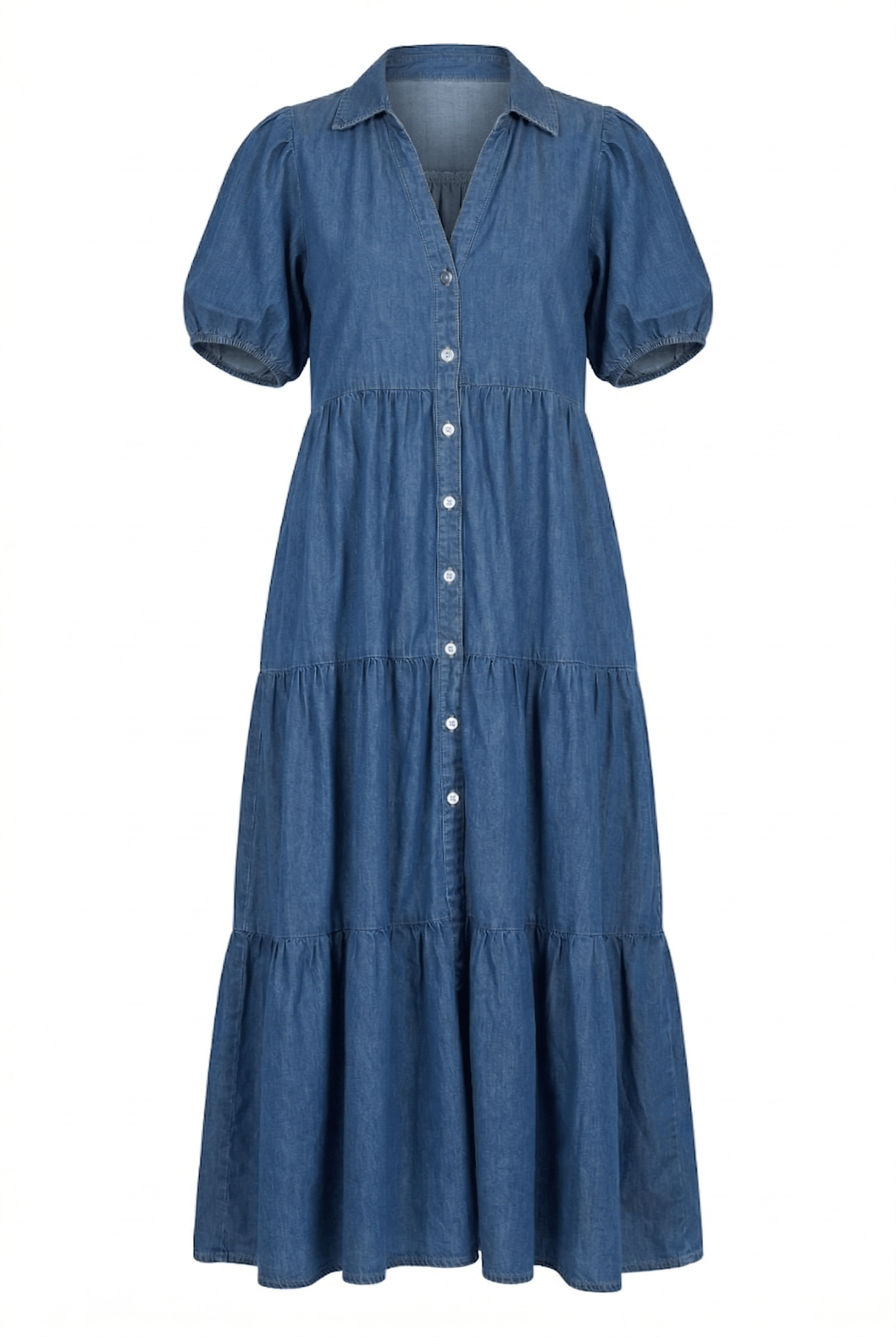 Blue denim dress with short sleeves on a white background