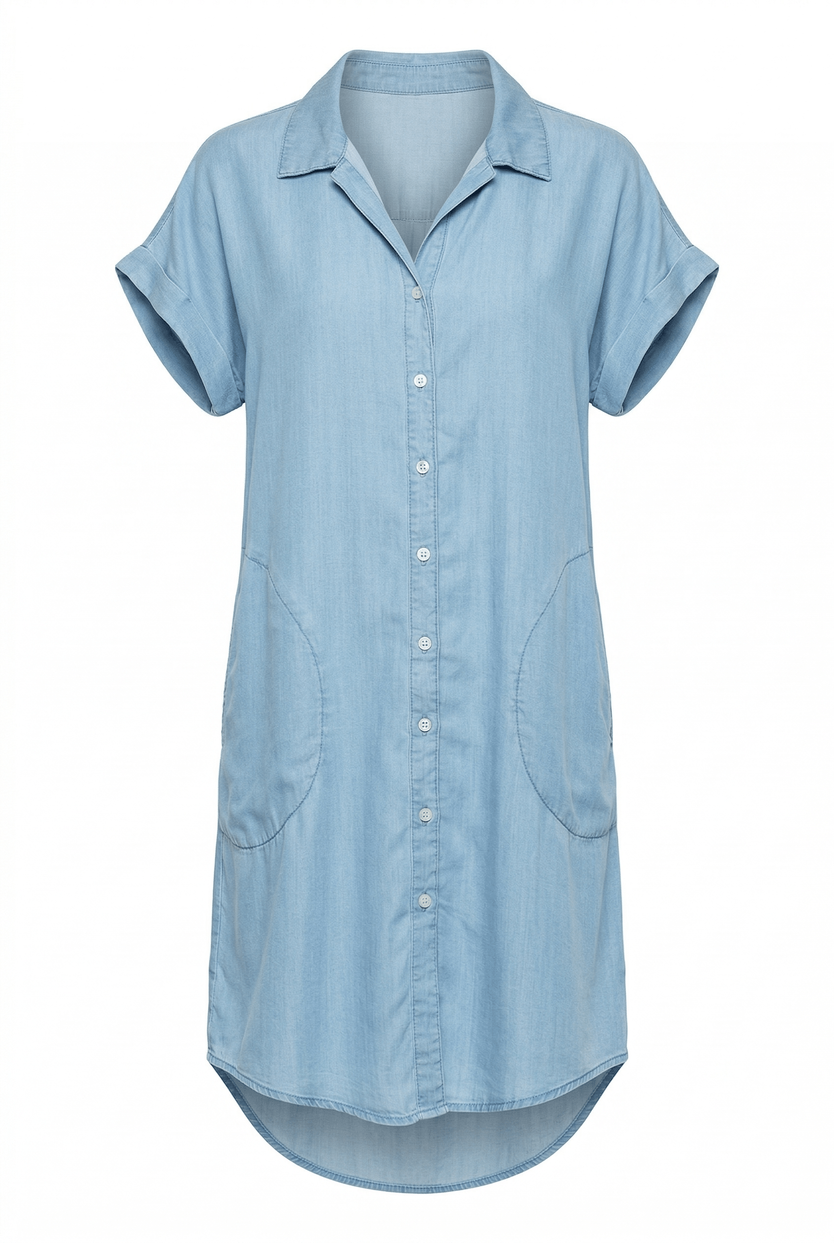 Light blue denim shirt with short sleeves on a white background