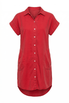 Red shirt dress with short sleeves on a white background